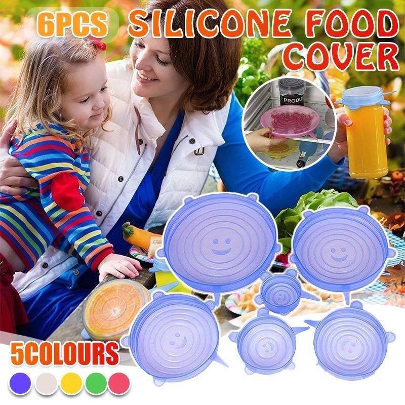 6PCS Stretch Reusable Silicone Food Saver Cover Seal Insta Lids Bowl Wraps - White