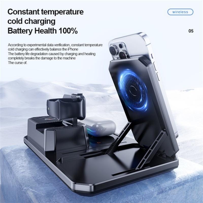 5 In 1 Magnetic Wireless Charger Stand With Clock & Speaker - Black