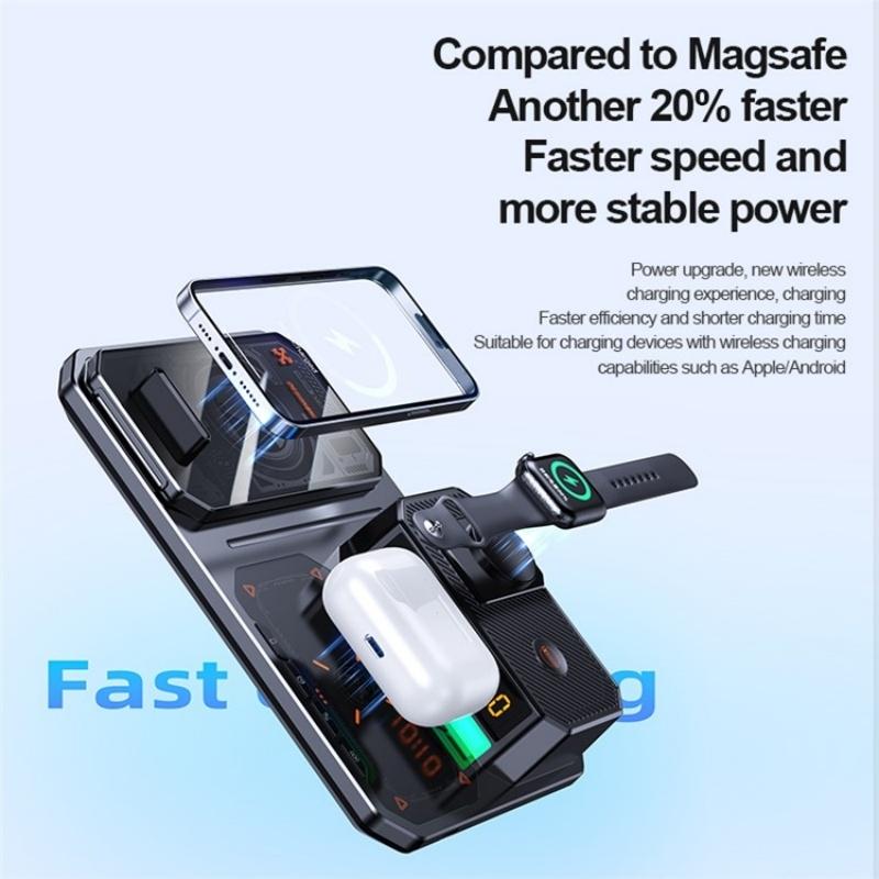 5 In 1 Magnetic Wireless Charger Stand With Clock & Speaker - Black