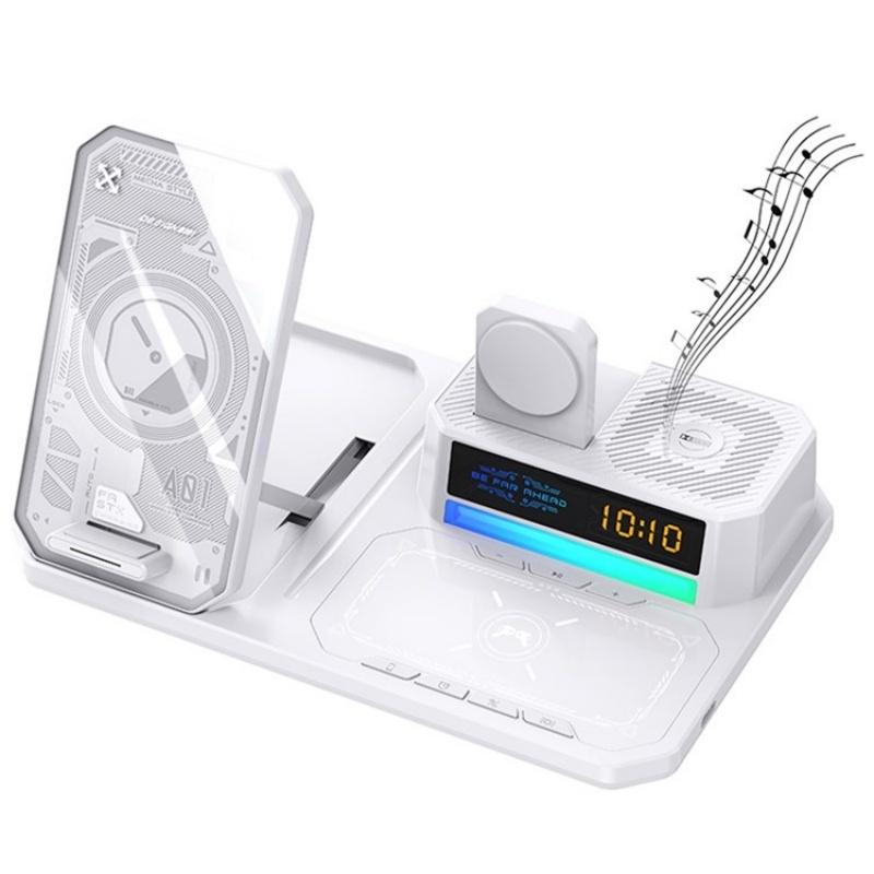 5 In 1 Magnetic Wireless Charger Stand With Clock & Speaker - Black