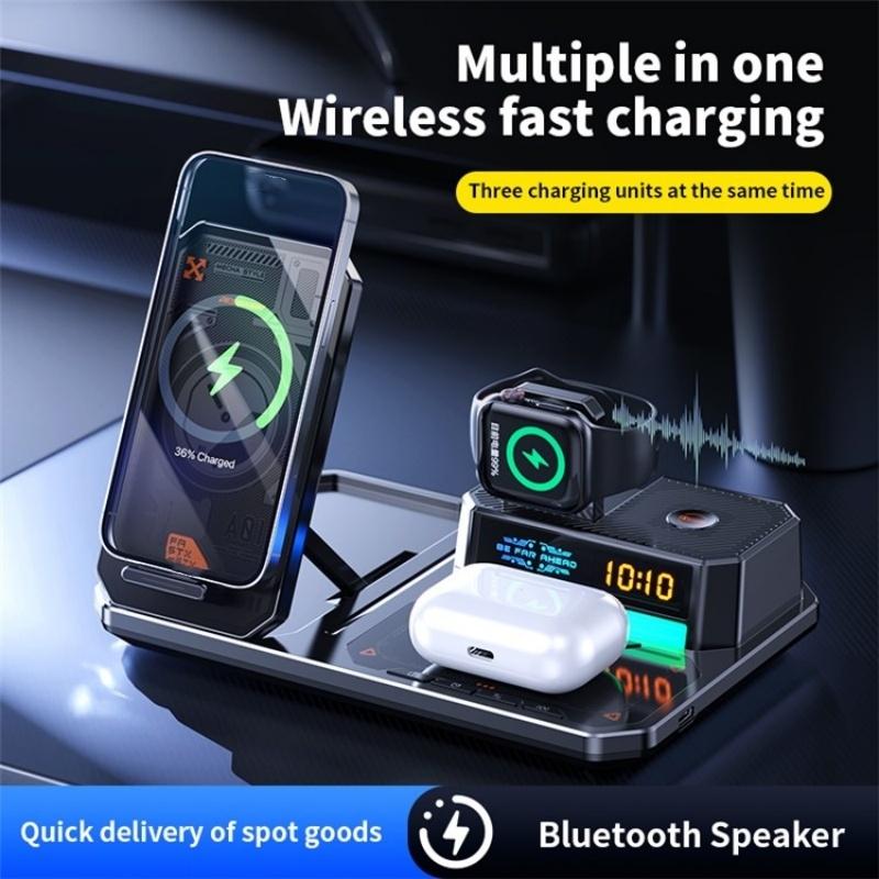 5 In 1 Magnetic Wireless Charger Stand With Clock & Speaker - White
