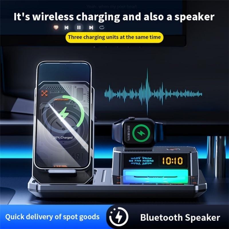 5 In 1 Magnetic Wireless Charger Stand With Clock & Speaker - White