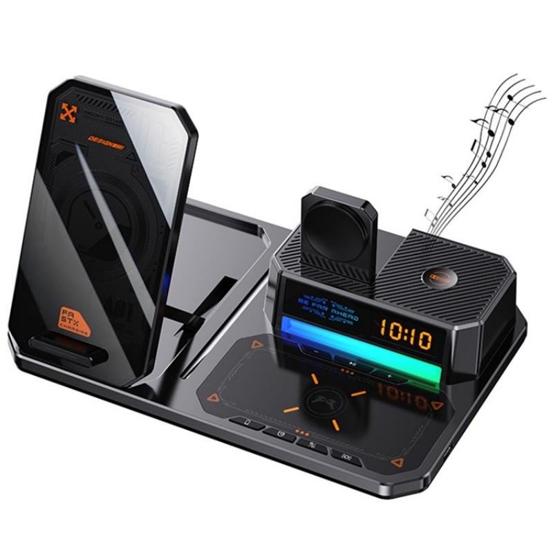 5 In 1 Magnetic Wireless Charger Stand With Clock & Speaker - White
