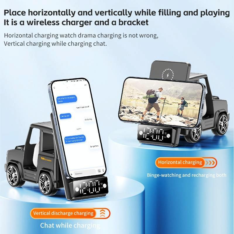 6 In 1 Car Shape Speaker With Clock & Wireless Charger - White