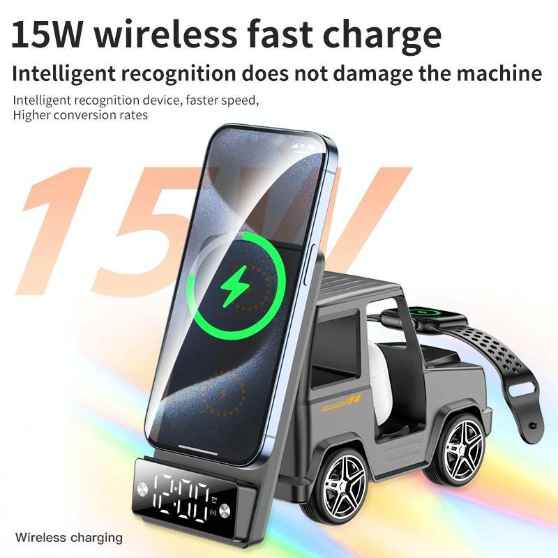6 In 1 Car Shape Speaker With Clock & Wireless Charger - White