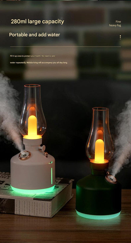 Black Retro Kerosene Lamp Humidifier - Rechargeable Cool Mist Maker with Dimmable Light