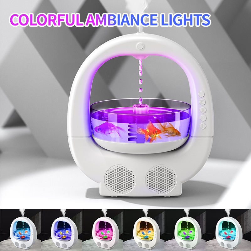 Black 3-in-1 Anti-Gravity Water Drop Humidifier with Bluetooth Speaker & LED Fish Tank Light