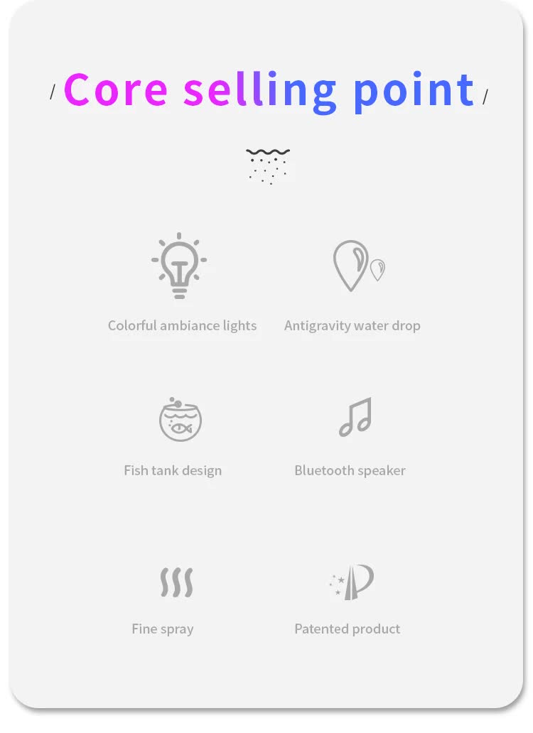 Black 3-in-1 Anti-Gravity Water Drop Humidifier with Bluetooth Speaker & LED Fish Tank Light