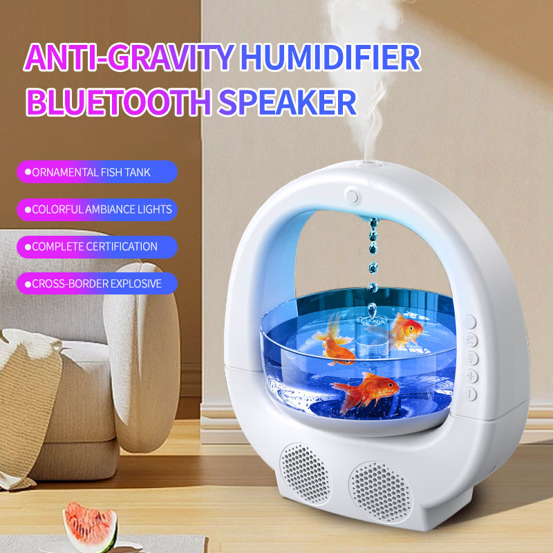 Pink 3-in-1 Anti-Gravity Water Drop Humidifier with Bluetooth Speaker & LED Fish Tank Light