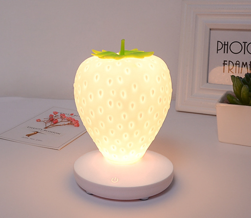 White Cute Silicone Strawberry Night Light - USB Rechargeable, Touch Control