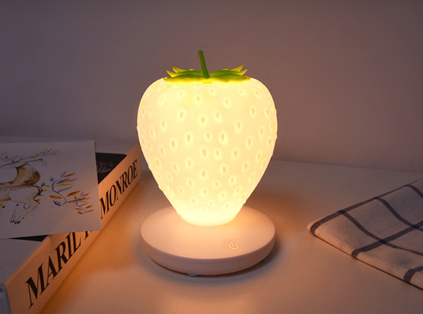 White Cute Silicone Strawberry Night Light - USB Rechargeable, Touch Control