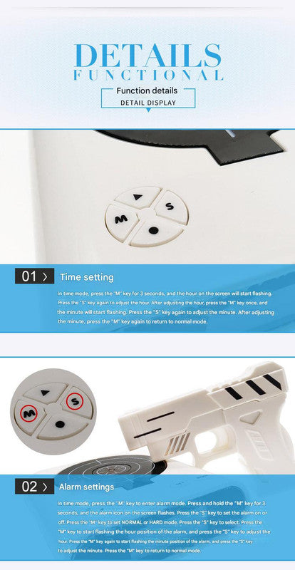 Gun Alarm Clock - Target Shooting Alarm with Infrared Gun, Recordable Alarm & Game Modes(Black)